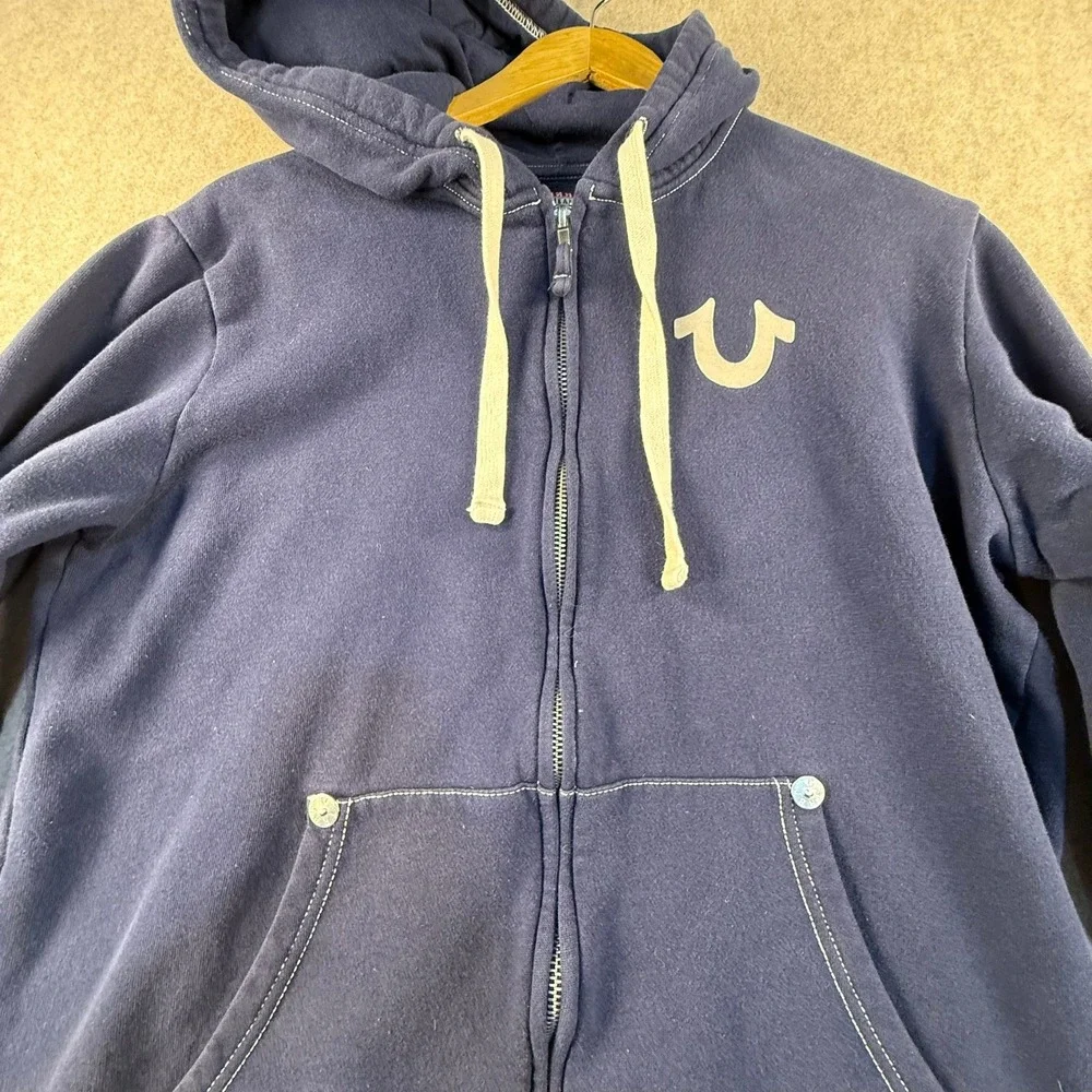 True Religion Mens Navy Blue World Tour Zip Up Hoodie Buddha Logo Size Medium
